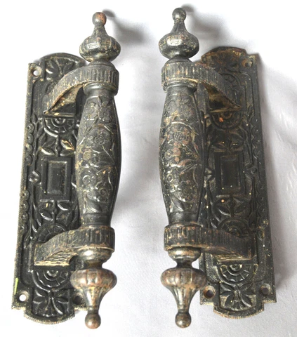 2 SUPERB RARE ANTIQUE EASTLAKE 1860-70S RUSSELL & ERWIN IRON COFFIN DOOR HANDLES Cover