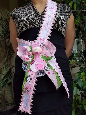 Baby Shower Mom To Be It's a Girl Giraffe Sash Pink Safari Ribbon Corsage Noah's - Image 1 of 4