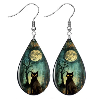 Halloween Black Cat Full Moon Art Print Teardrop Earrings Wood Dangle Sterling - Image 1 of 4