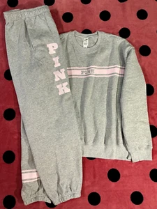 Victoria's Secret Pink Campus Pullover + Campus Pants Set Gray Tulip Pink L XL - Picture 1 of 10