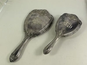 Antique matching Brush And Hand Mirror Silver Plate Vanity 2 Piece Set - Picture 1 of 14
