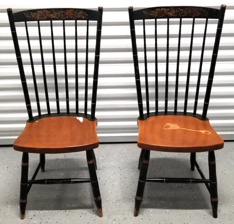 Vintage Pair of L. Hitchcock Black Harvest Stenciled Windsor Fan Maple Chairs Cover