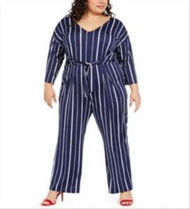 NY Collection Women's Printed Tie Front Gaucho Jumpsuit Blue Size 1X - Picture 1 of 3