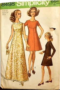1960's SIMPLICITY Pattern #8498 Miss EVENING GOWN or DRESS in 2 Lengths Size 12 - Picture 1 of 2