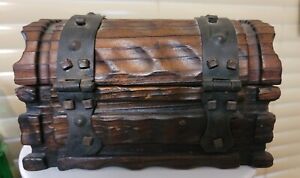 Antique Hand Carved Solid Wood Pirate Treasure Chest Jewelry Box cast iron screw