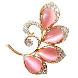 18k Gold Plated Pink Opal Leaves Crystal Branches Az8033b Brooch Pins - Picture 1 of 4
