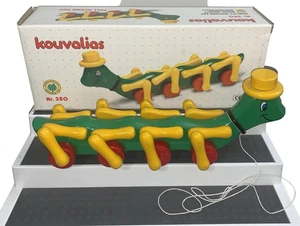 Vintage KOUVALIAS Holz Zugspielzeug Grille Raupe bunt Griechenland griechisch + Box - Bild 1 von 21