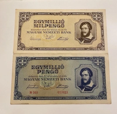 Лот (2) венгерский 1945 и 1946 1 миллион пенго банкноты, хрустящий, Бесплатная доставка! - Изображение 1 из 2
