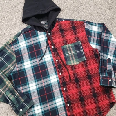 法兰绒衬衫男式大号连帽拼布纽扣滑板垃圾户外方格 — 第 1/4 张图片