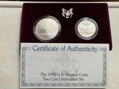 U.S. MINT 1992 OLYMPIC SILVER TWO-COIN UNCIRCULATED SET WITH ORIGINAL BOX & COA - Image 1 of 2