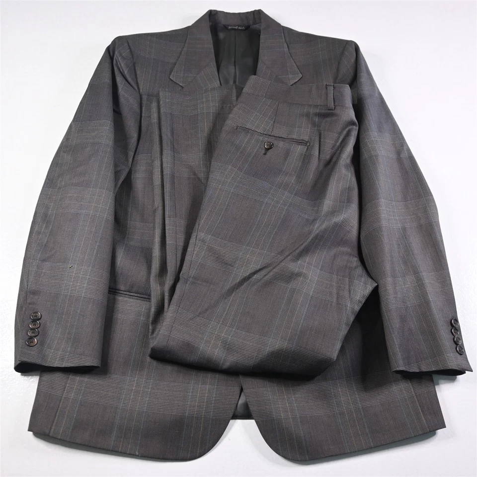 Vtg Perry Ellis 42L 36x32 Brown Glenn Check Wool USA Made Mens Jacket Pants Suit - Image 1 of 4