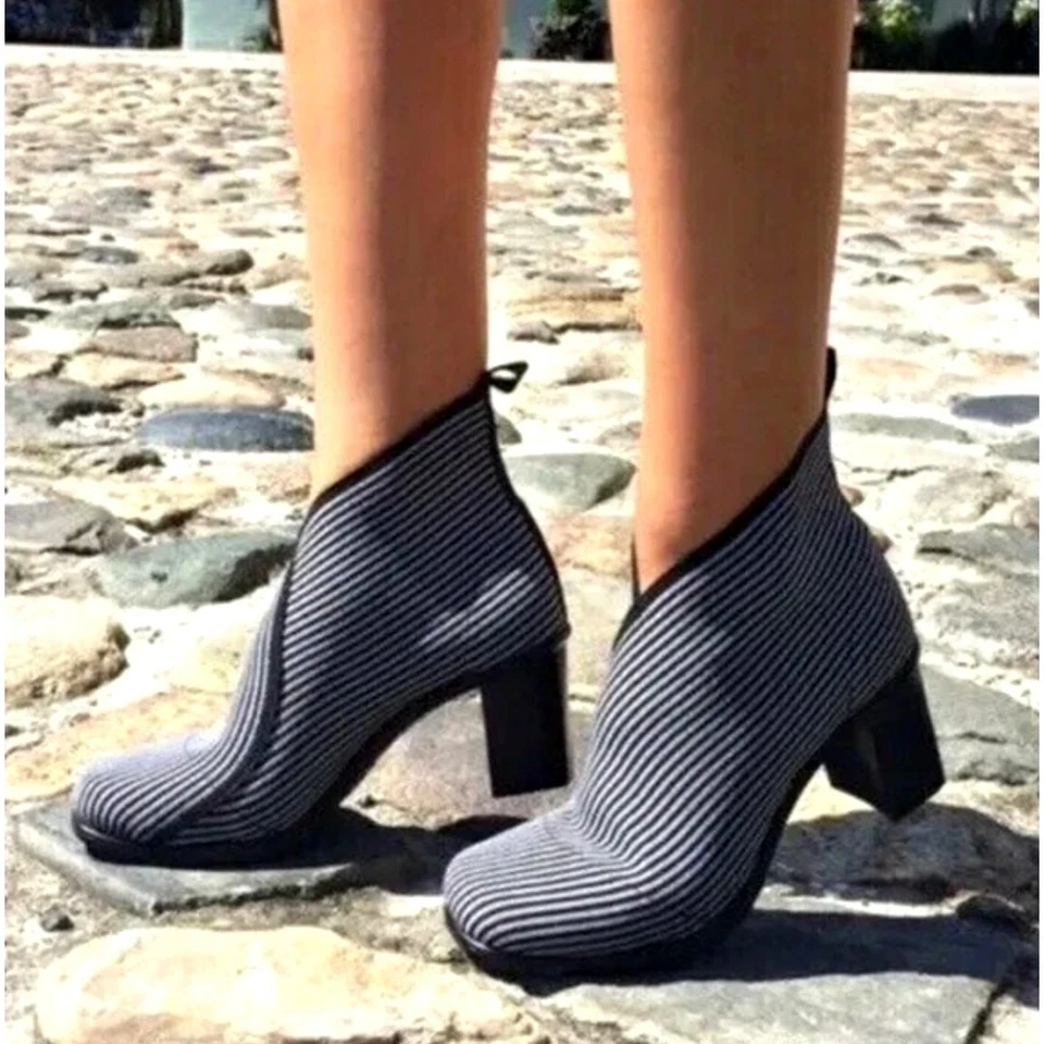 Anthropologie 8.5 Pull On Sock Boot Gray Stripe Ankle Square Toe Block Heel - Image 1 of 4
