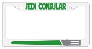 Jedi Consular GREEN White Plastic License Plate Frame Star Wars - Picture 1 of 1