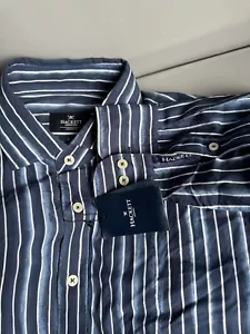 Camisa Hackett Hombre Calce Ajustado Azul Marino Estampado Rayas MEDIANA Nueva - Imagen 1 de 17
