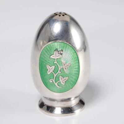 Salero de huevo Meka Dinamarca plata esterlina esmalte guilloche verde de colección Foto 1 de 4