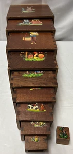 Vintage Wooden Toy Children Fairytale Nesting Stacking Boxes Dove Tail Set Of 10 - Picture 1 of 10
