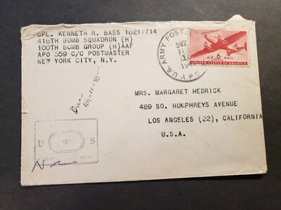 BLOODY 100th BOMB Group APO 559 ELVEDEN, ENGLAND 1945 Air Corps Cover APO 592 - Image 1 of 2