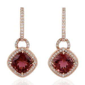 Conjunto de aretes colgantes/gotas de diamantes de turmalina roja de 7,34 quilates de oro rosa de 18 k - Imagen 1 de 5
