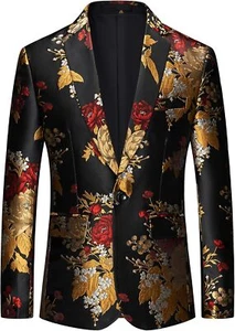 UNINUKOO Mens Floral Tuxedo Suit Jacket Casual Dress Party Flower Pattern Blazer - Picture 1 of 23