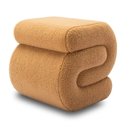 S-Shape Teddy Fabric Ottoman: Makeup Stool & Footstool in Coffee - Image 1 of 4