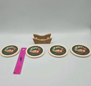Hallmark Christmas Goose Holiday Coasters Set Of 4 W/Holder Retro Ceramic Cork - Picture 1 of 9