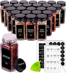 25 Spice Jars with 547 Labels-Glass Spice Jars, Black Metal Caps,4oz Empty Spice - Picture 1 of 12