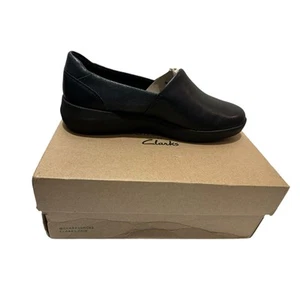 Clarks Kayleigh Step Navy Blue Slip On Loafers Women’s Size 7 Wide Leather - Picture 1 of 11