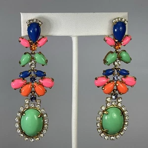 J.Crew Statement Drop Earrings Multicolor Neon Rhinestone Crystal Gold Tone EUC - Picture 1 of 12