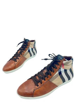 Burberry Vintage Zapatillas altas de cuero marrón y lona a cuadros T.43 US.10 - Imagen 1 de 4