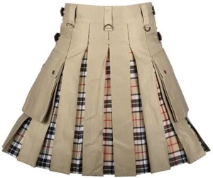 Men's Camel Hybrid Kilt Utility Scottish  Leather strap Kilt Tartan Inner Pleats - Picture 1 of 9