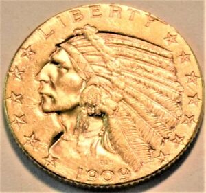 1909 D $5 Gold Indian Half Eagle, High Grade Five Dollar, Better Type Coin
