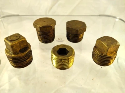Lot of  5 Brass 1/2" NPT Pipe Plugs - Square Head/Hex Head - NOS! - Image 1 of 2