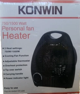 Konwin Compact Electric Heater 750/1500 W 120V Fan Forced Adjustable Thermostat - Picture 1 of 1