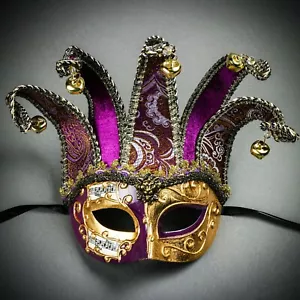 Gold Purple Crystal Musical Venetian Jolly Jester Masquerade Half Face Eye Mask - Picture 1 of 7