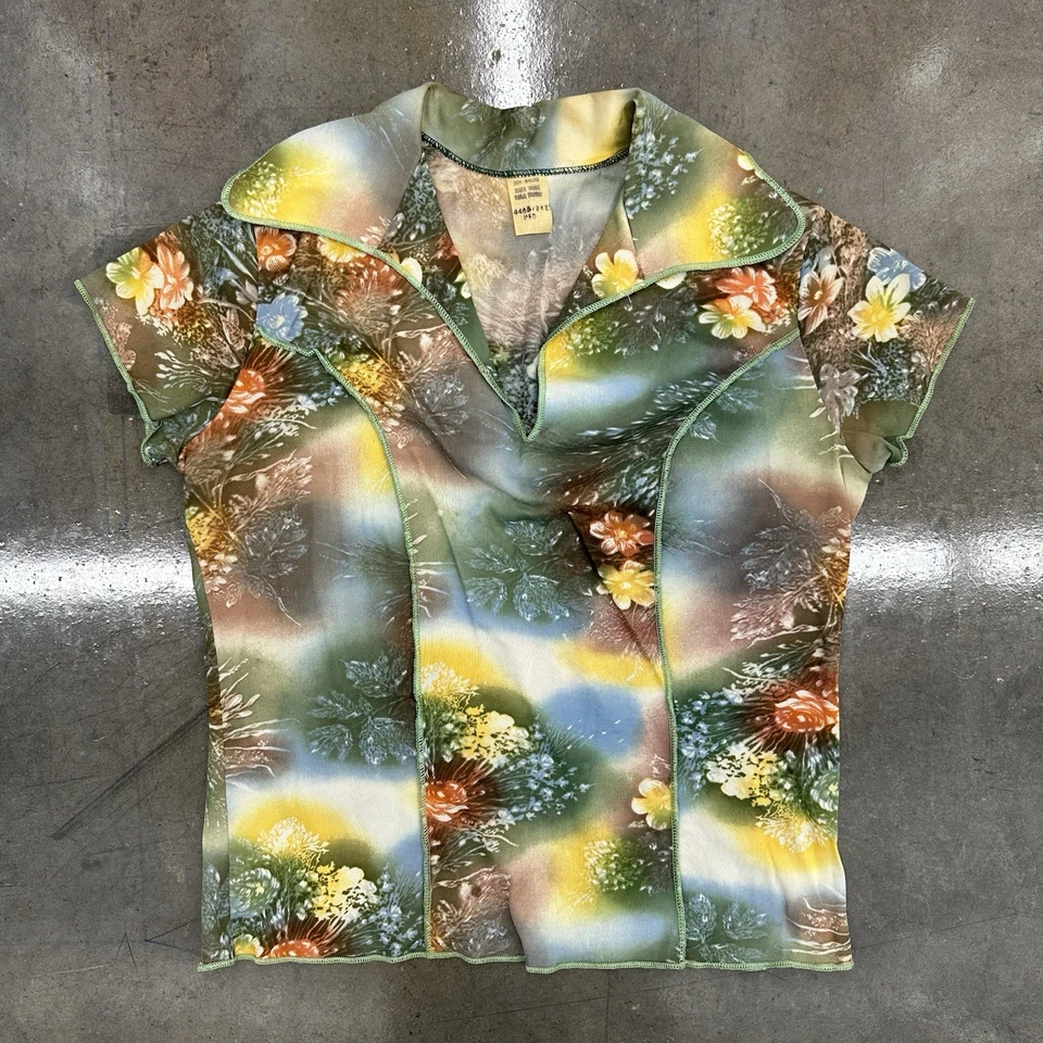 Blusa Pullover Vintage Años 70 Floral Acetato Nailon Manga Corta Mediana Foto 1 de 4