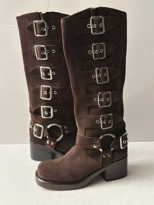 JEFFREY CAMPBELL Trouble Buckle Boot In Brown Oiled Suede Silver Size 7.5 New - Image 1 of 4