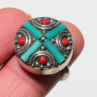 Türkis Rot Koralle Edelstein Verstellbar Ring Tibetisch Boho Nepali Schmuck N... - Bild 1 von 4