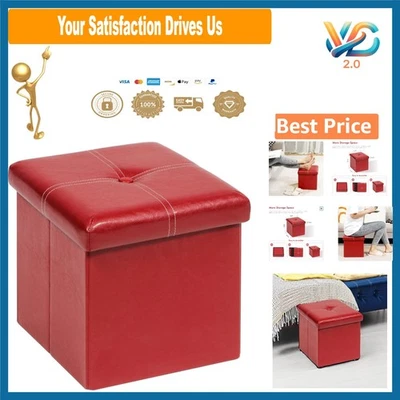 Stylish Red Folding Ottoman Cube - Durable Faux Leather for Small Spaces - Image 1 of 4