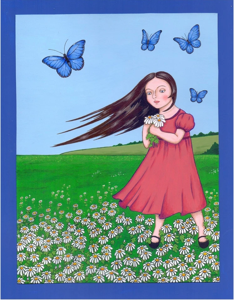 Tarjeta de felicitación Field of Daisies, niña, mariposas, margaritas, obra de arte original Foto 1 de 1