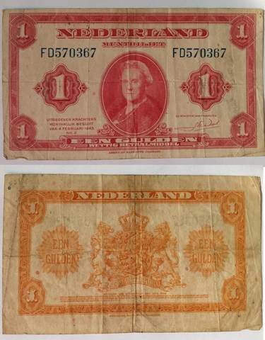 NEDERLAND MUNTBILJET 1 Gulden 1943 Netherlands Dutch Guilder Banknote WWII Cover