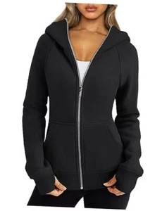 Womens Zip Up Hoodies Fleece Jackets Oversized Sweatshirts Fall Large Black - Picture 1 of 8