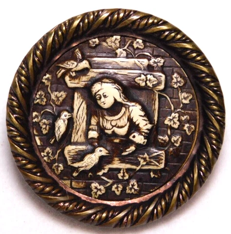 LARGE Antique Vtg Picture BUTTON Buffed Celluloid in Brass Sara Lenox NICE Cover