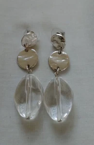 SILVER TONE DENGLING CLEAR LUCITE BEAD PIRCED EARRINGS - Picture 1 of 4