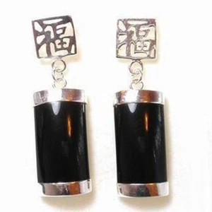 Fashion Black Agate Onyx 18KWGP Fortune Stud Dangle Women Lady Girl Earrings - Picture 1 of 3
