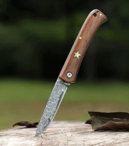 Pocket Folding Damascus Blade Knife Bubinga Wood Handle Outdoor Camping EDC Tool - Picture 1 of 9