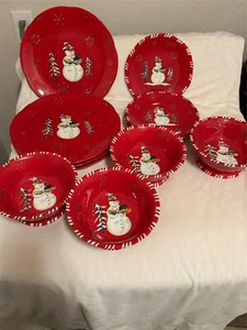 12 PCS TRACY PORTER JOLLY OL SNOWY 4) DINNER, SALAD PLATES--CEREAL BOWLS NEW - Picture 1 of 5