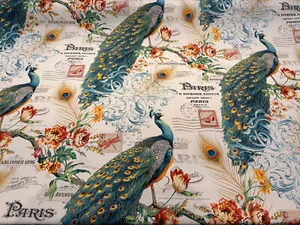 Türkis Pfau Vogel Blumen Zweige Gardine Polsterstoff Meterware - Bild 1 von 5