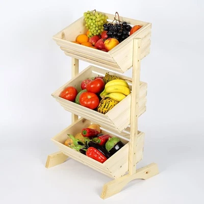 Cesta de frutas de madera hecha a mano de 3 niveles soporte de almacenamiento de verduras para cocina y tienda Foto 1 de 4