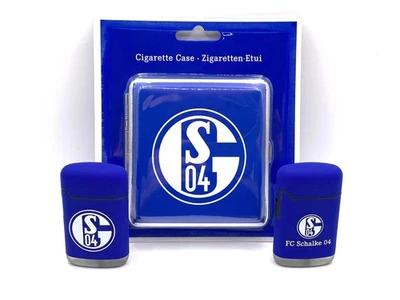 FC SCHALKE 04 Schalke 04 - 2x Jet Sturmfeuerzeug mit Zigarrettenetui im Set blau weiß mit Logo
