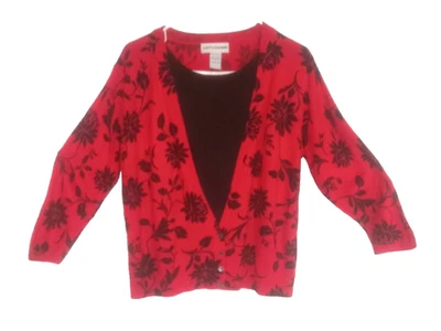 Женский кардиган Cathy Daniels свитер размер L акриловый красный/черный цветочный рукав 3/4 - Изображение 1 из 4